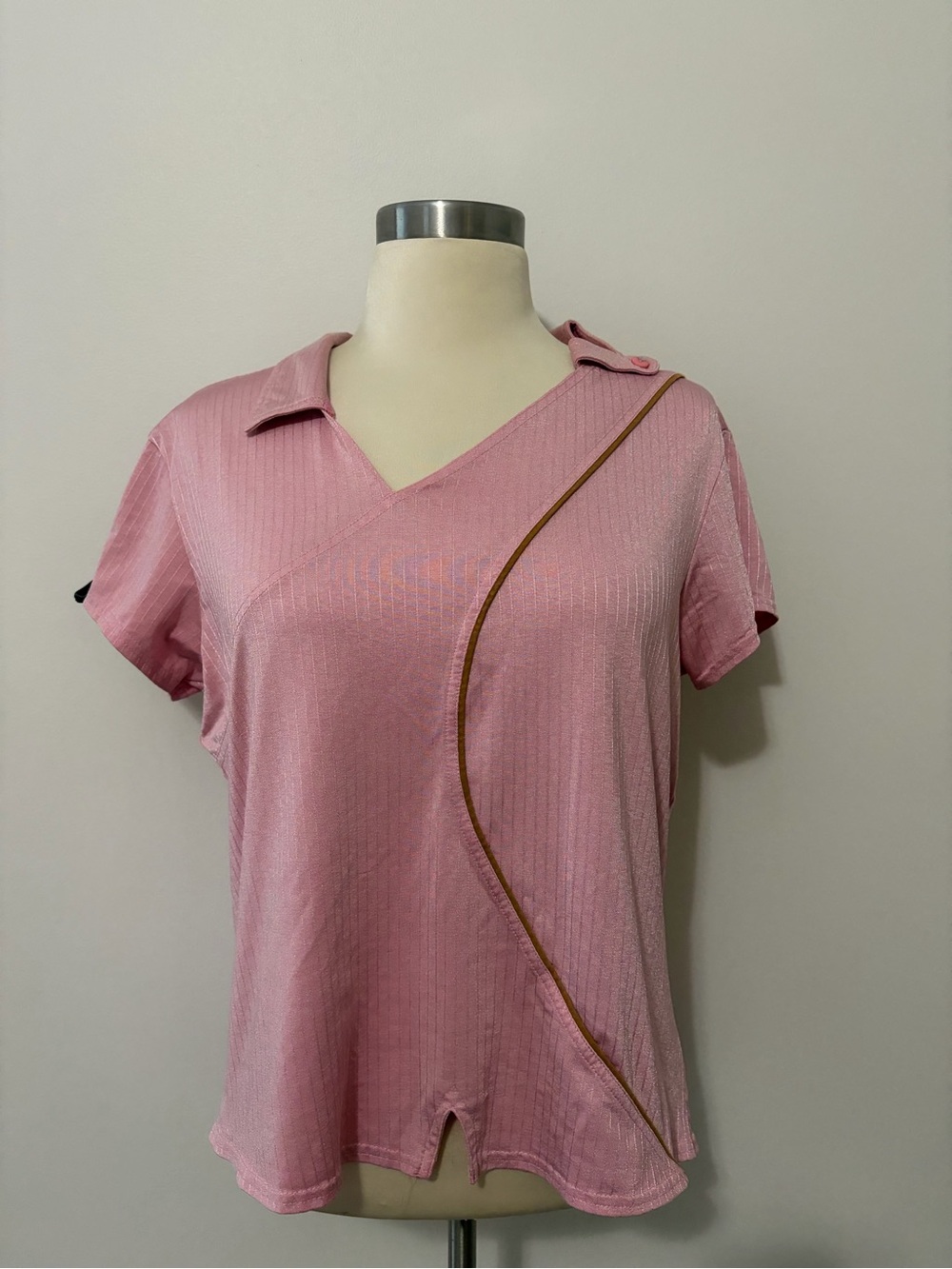 Jamie Sadock Pink Ribbed Top Bronze Trim M Preppy Athletic Country Club Style